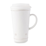 Berry & Thread Tall Travel Mug This charming large mug from Juliska\'s Berry & Thread collection invites us to forgo paper cups and plastic lid waste. Thoughtfully handcrafted with a handle that fits in most cup holders and accompanied by a silicon lid. Whether on the go, or nestled at home, our large lidded mug is a great companion to your favorite java or tea beverage.
